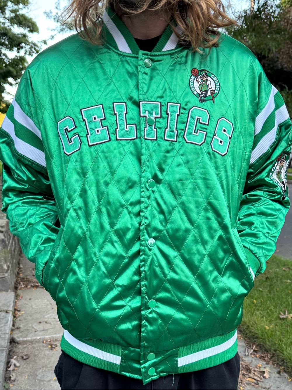 Celtics Green Quilted Satin Bomber Jacket